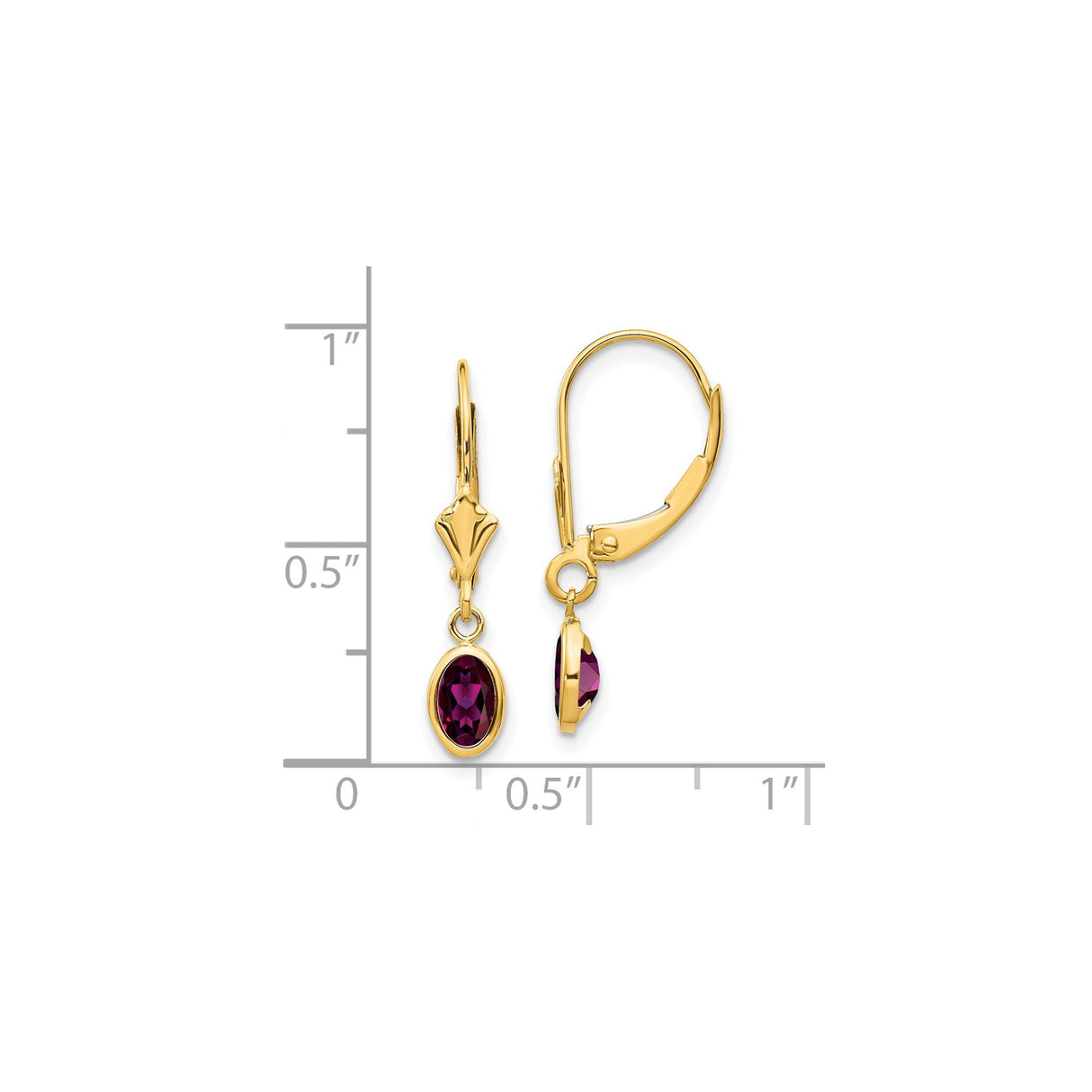 14k Yellow Gold Dangle Earrings with Rhodolite Garnet, Bezel Set Leverback Drops