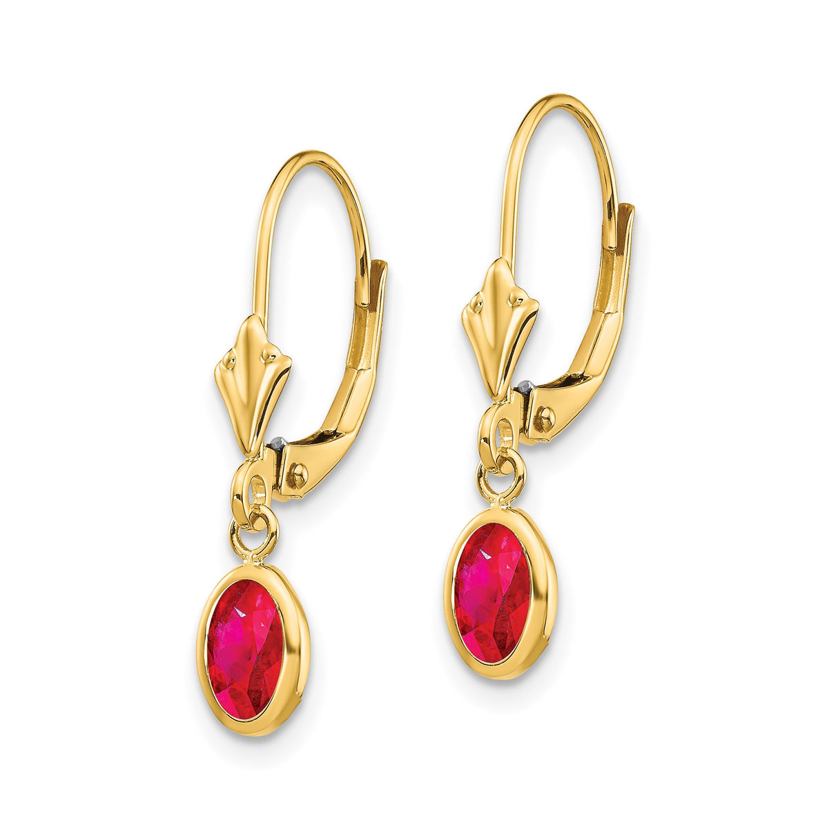 14k Yellow Gold Drop Earrings with Ruby Gemstones in Bezel Setting, Leverback Dangle Style
