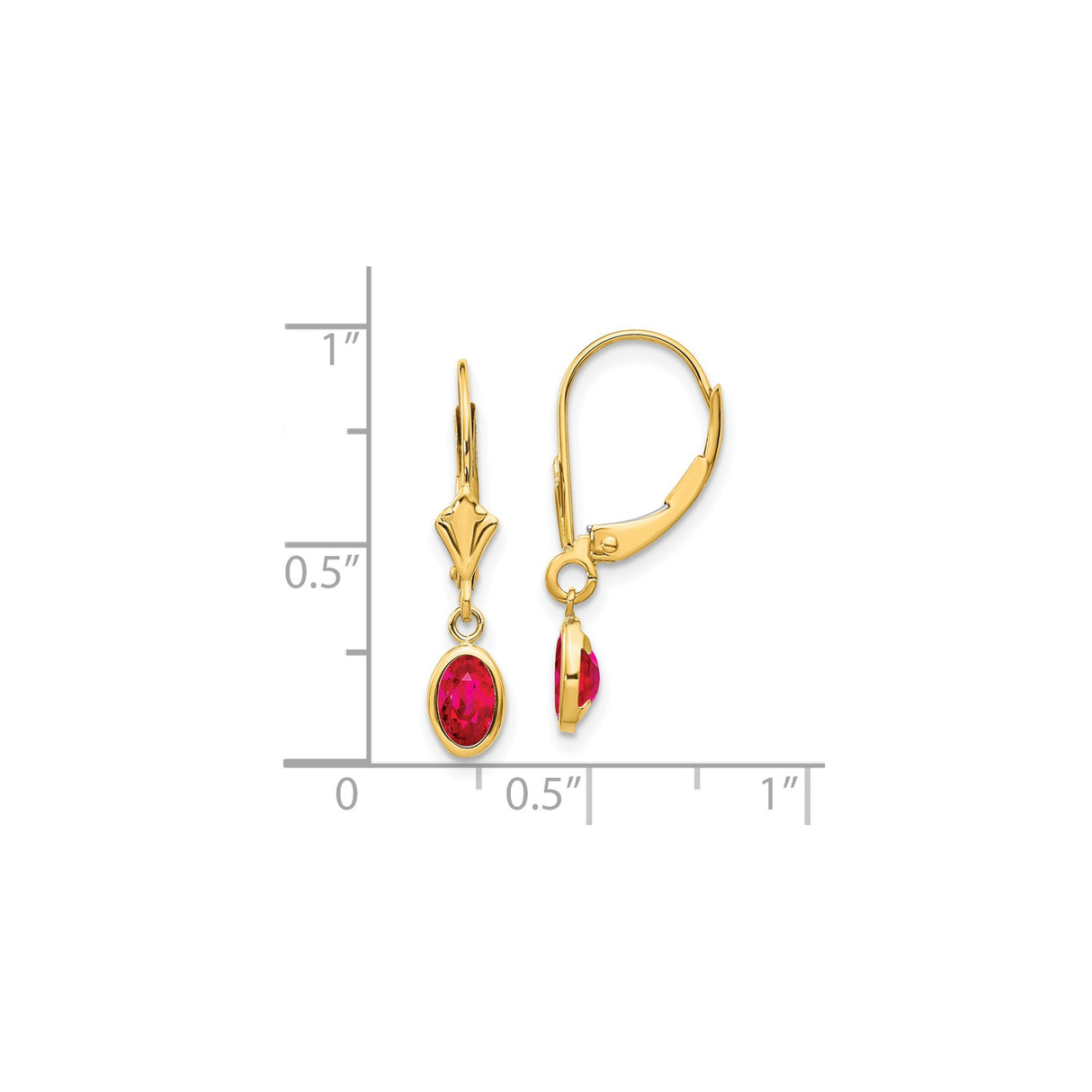 14k Yellow Gold Drop Earrings with Ruby Gemstones in Bezel Setting, Leverback Dangle Style