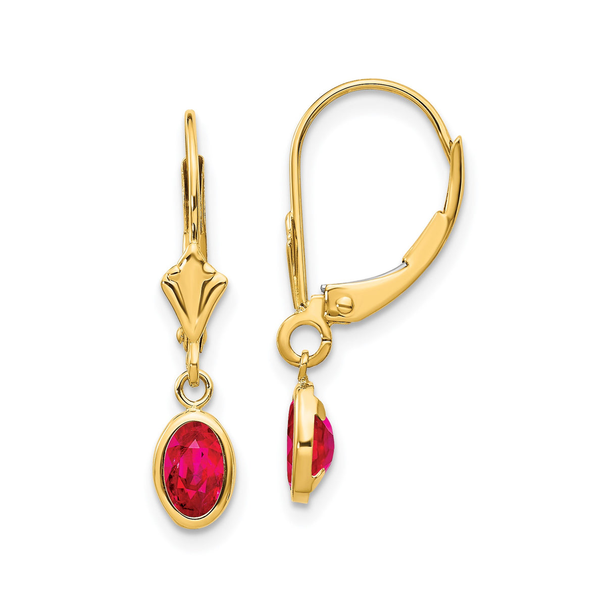 14k Yellow Gold Drop Earrings with Ruby Gemstones in Bezel Setting, Leverback Dangle Style