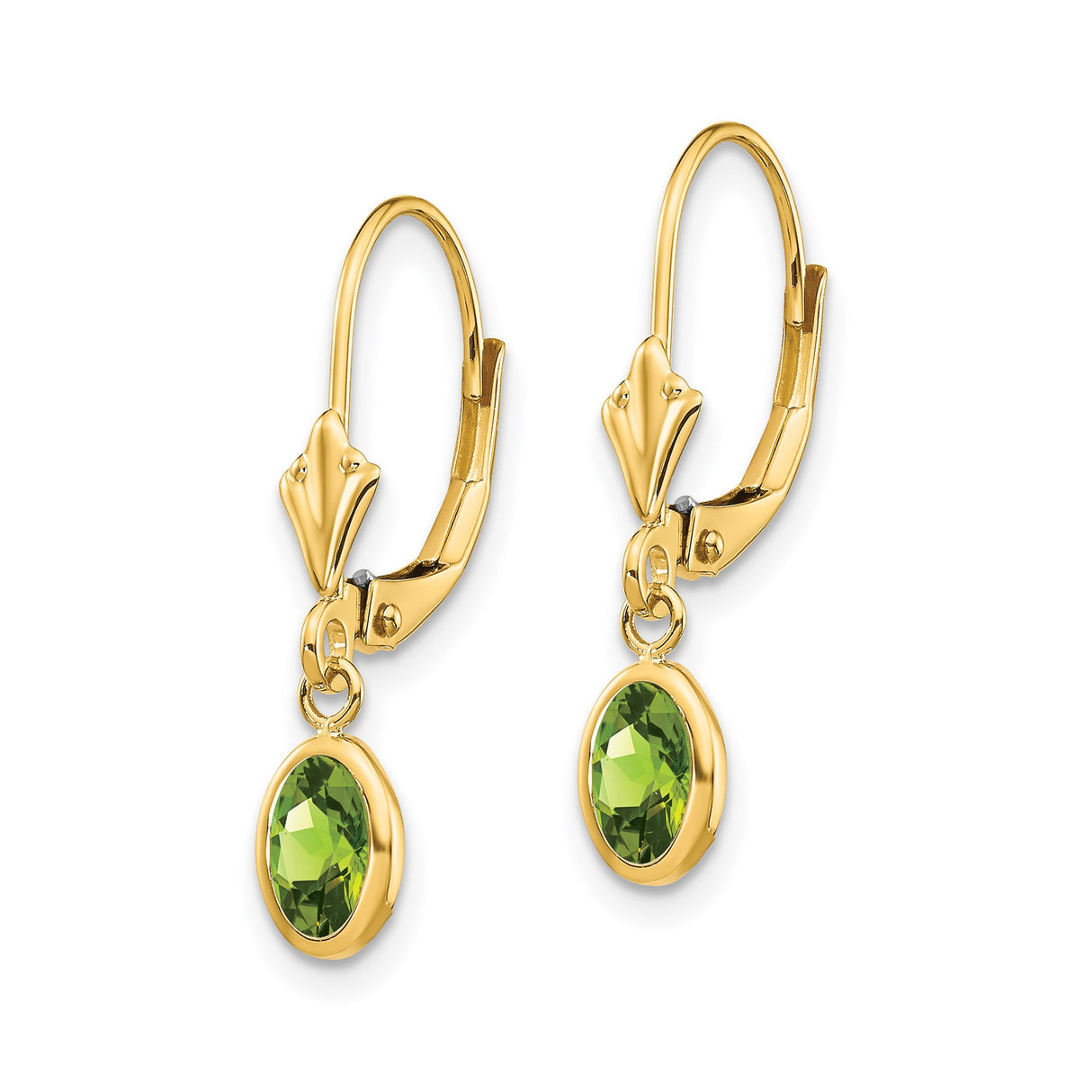 14k Yellow Gold Leverback Drop Earrings with Oval Peridot Gemstones, August Birthstone Jewelry