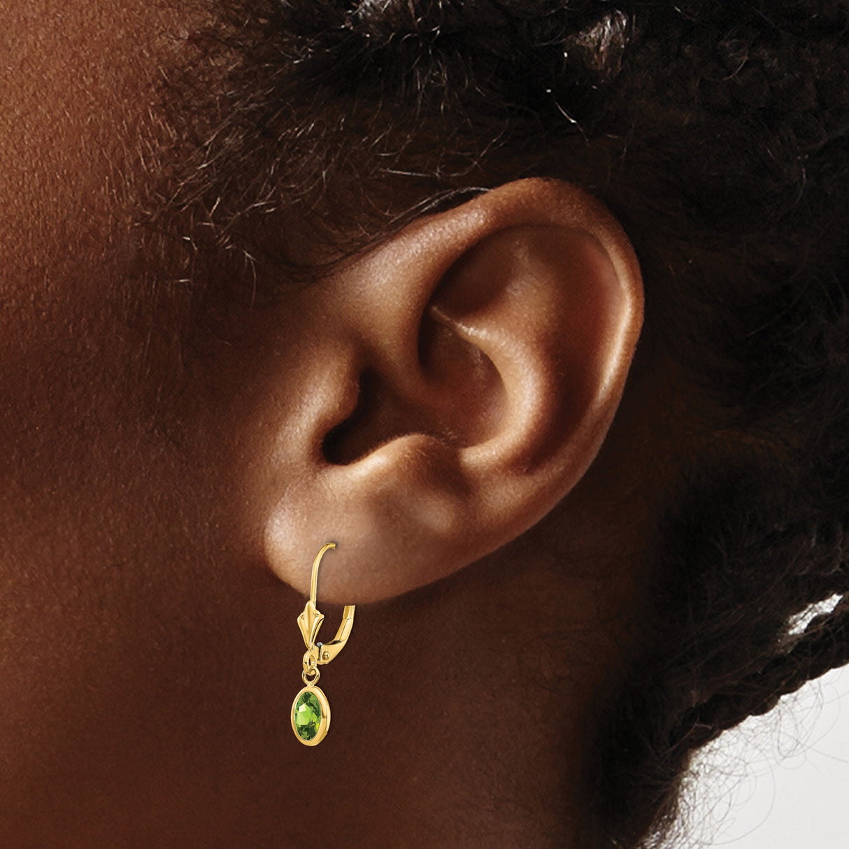 14k Yellow Gold Leverback Drop Earrings with Oval Peridot Gemstones, August Birthstone Jewelry