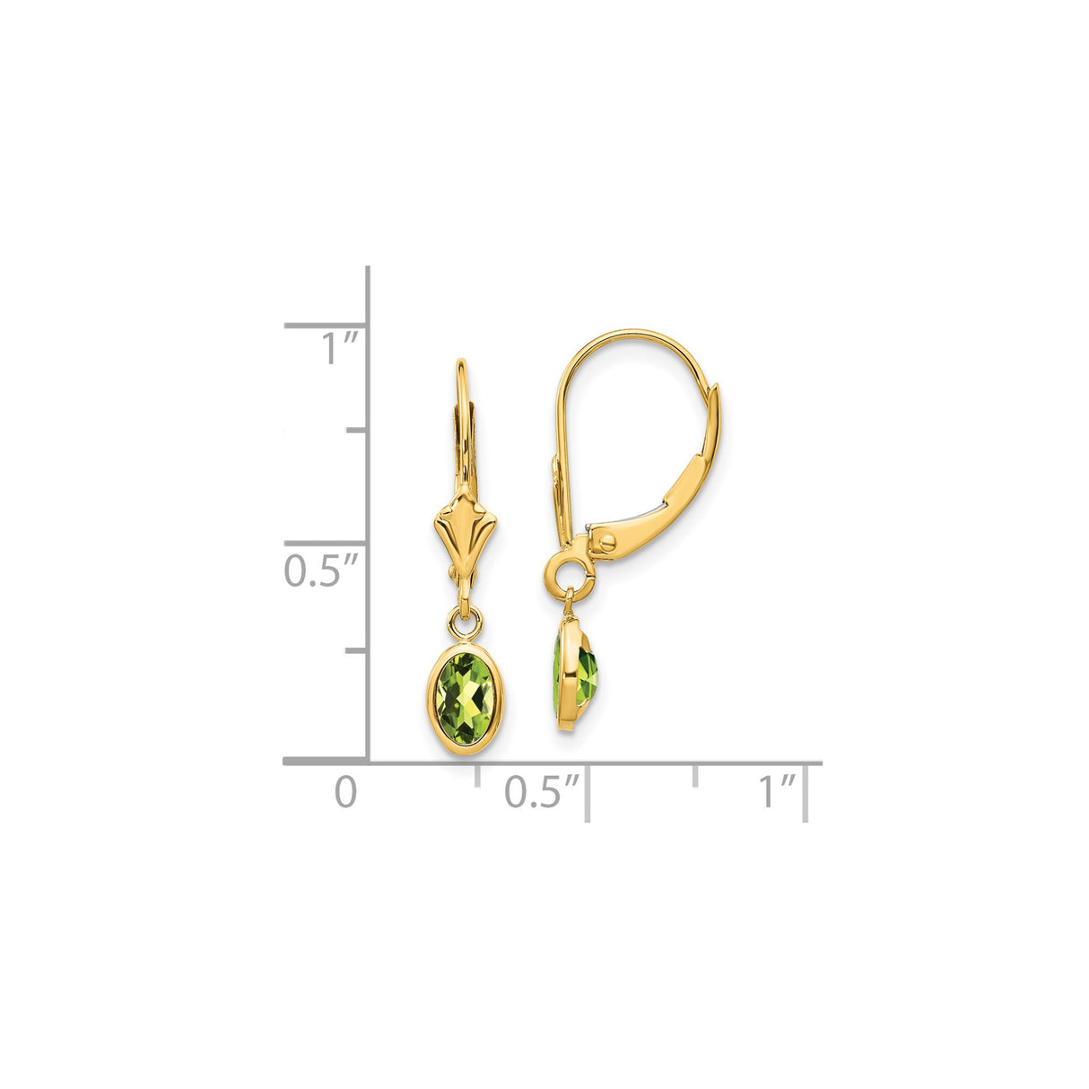 14k Yellow Gold Leverback Drop Earrings with Oval Peridot Gemstones, August Birthstone Jewelry