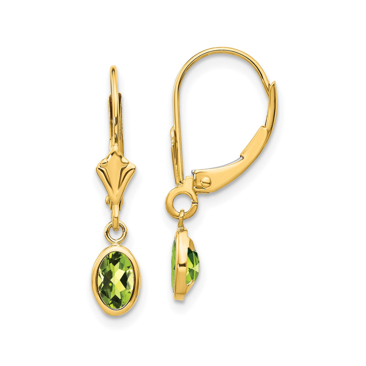 14k Yellow Gold Leverback Drop Earrings with Oval Peridot Gemstones, August Birthstone Jewelry