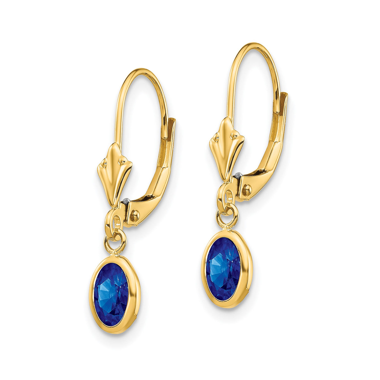 14k Yellow Gold Dangle Earrings with Sapphire in Bezel Setting, Leverback Drop Design