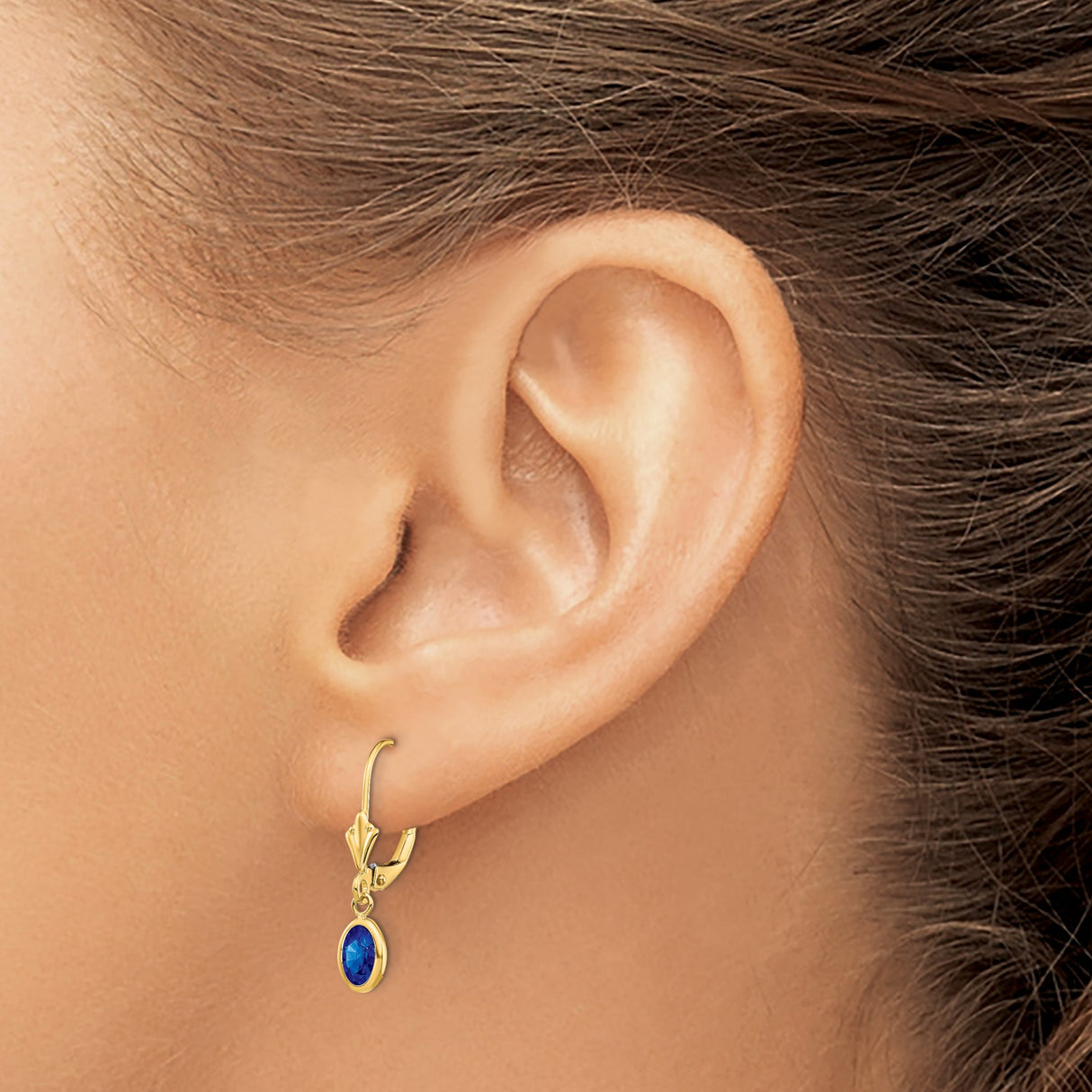 14k Yellow Gold Dangle Earrings with Sapphire in Bezel Setting, Leverback Drop Design