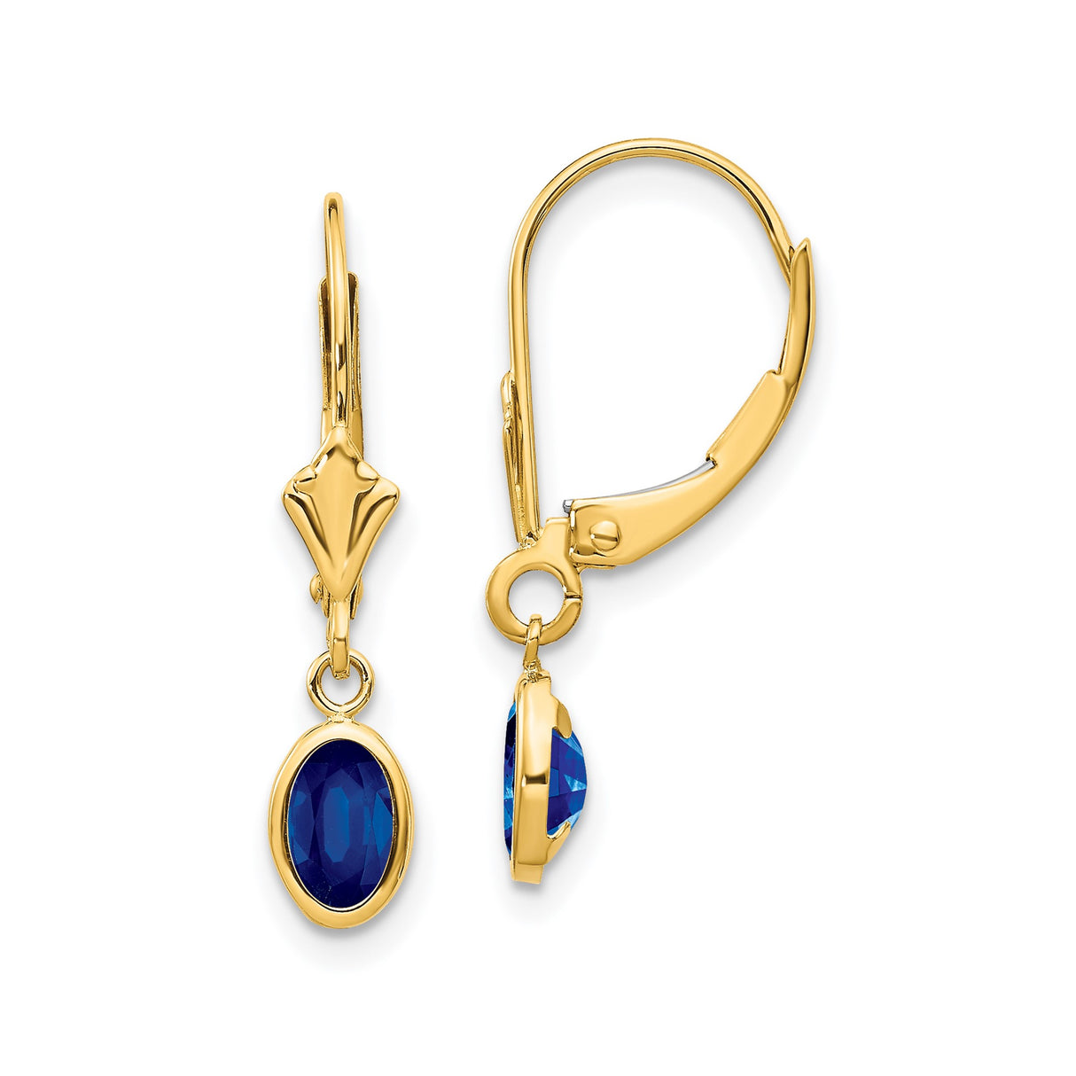14k Yellow Gold Dangle Earrings with Sapphire in Bezel Setting, Leverback Drop Design