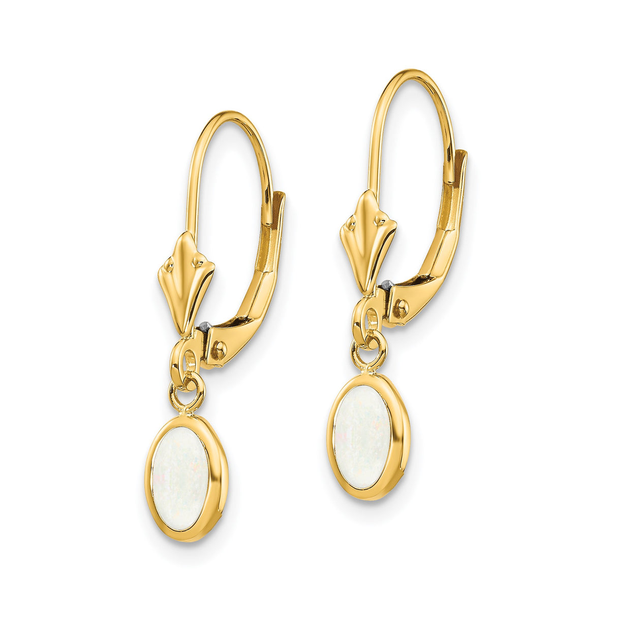 14k Yellow Gold Drop Earrings with Oval White Opal in Bezel Setting, Leverback Design for Women