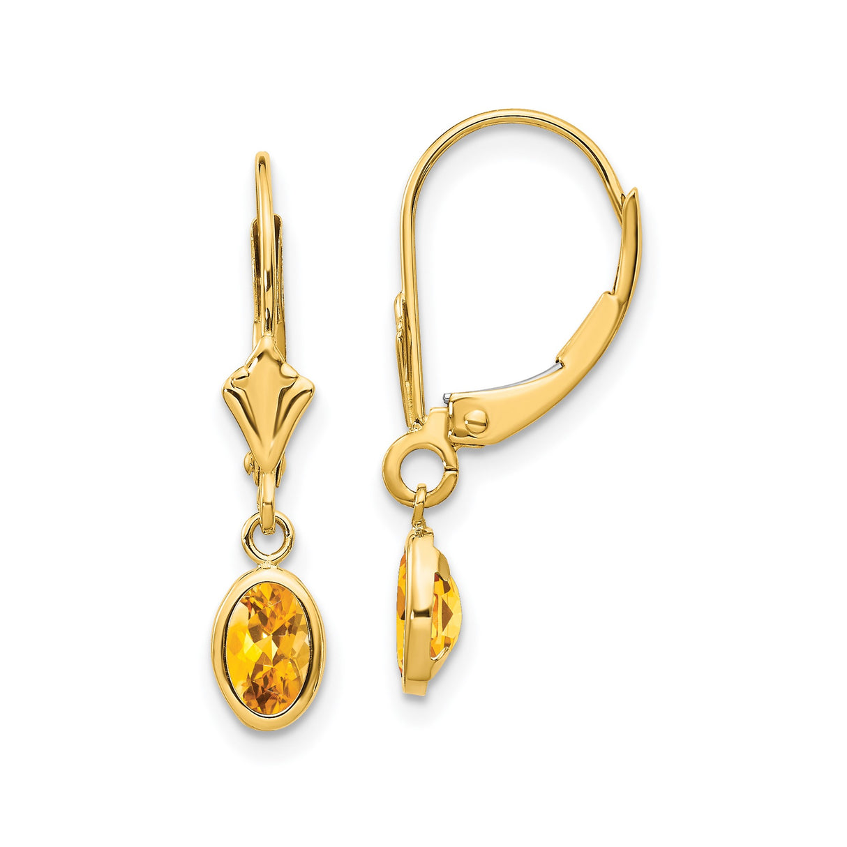 14k Yellow Gold Dangle Earrings with Oval Citrine, Leverback Drop Design for Women