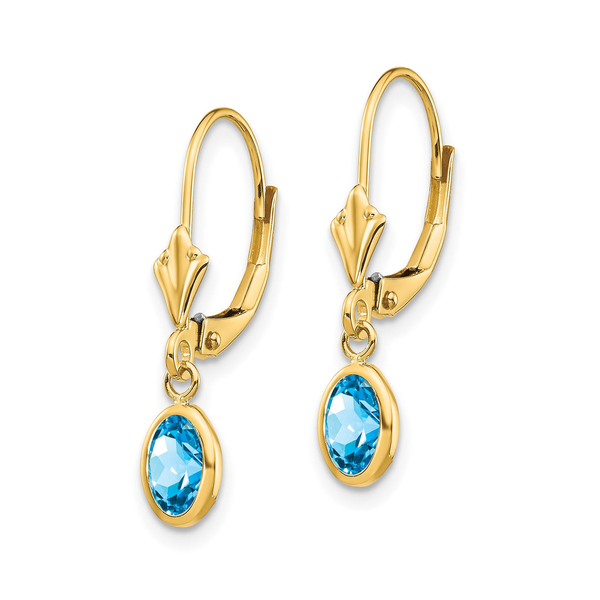 14k Yellow Gold Dangle Leverback Earrings with Oval Swiss Blue Topaz Drop Design