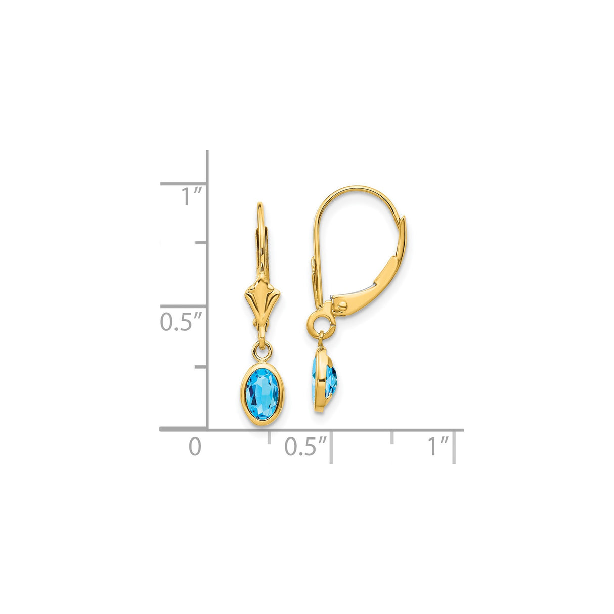 14k Yellow Gold Dangle Leverback Earrings with Oval Swiss Blue Topaz Drop Design