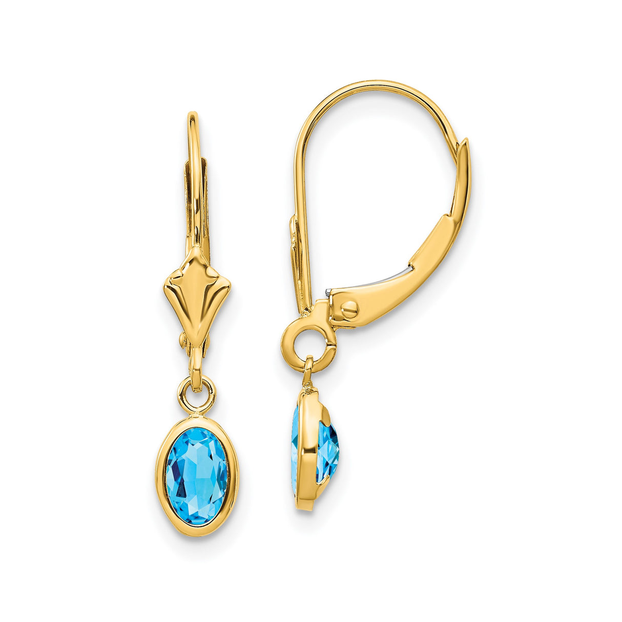14k Yellow Gold Dangle Leverback Earrings with Oval Swiss Blue Topaz Drop Design