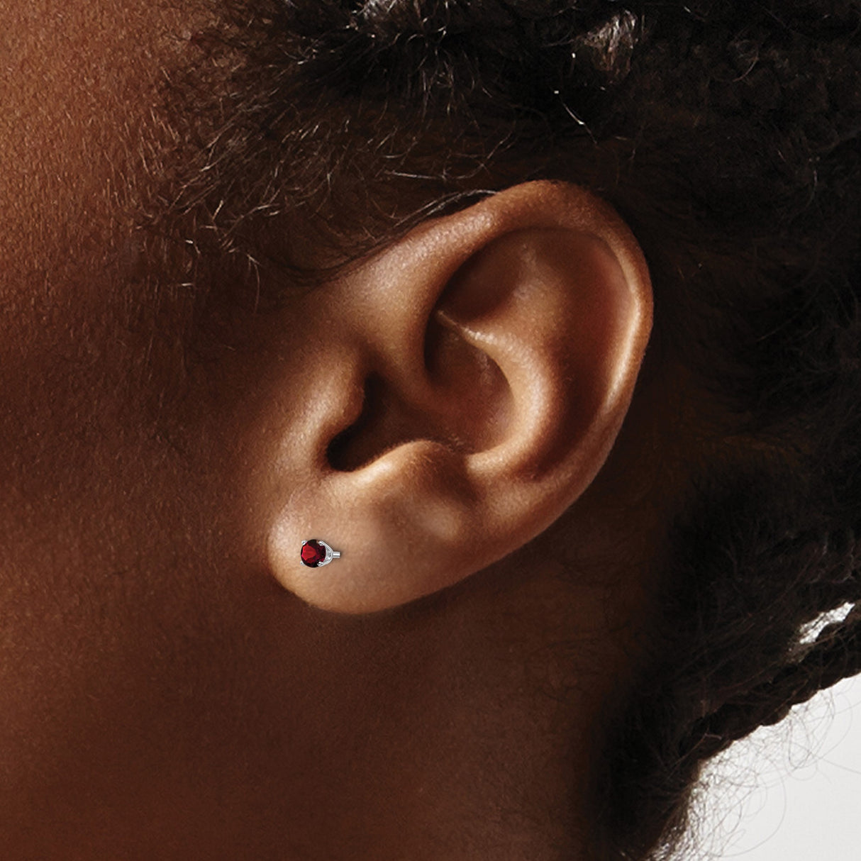 14k White Gold Garnet Stud Earrings, Round Cut Four-Prong Setting, January Birthstone Jewelry