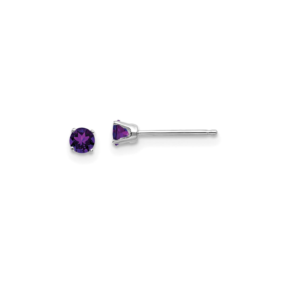 14k White Gold Stud Earrings with Amethyst , Round Cut, Four-Prong Setting, February Birthstone