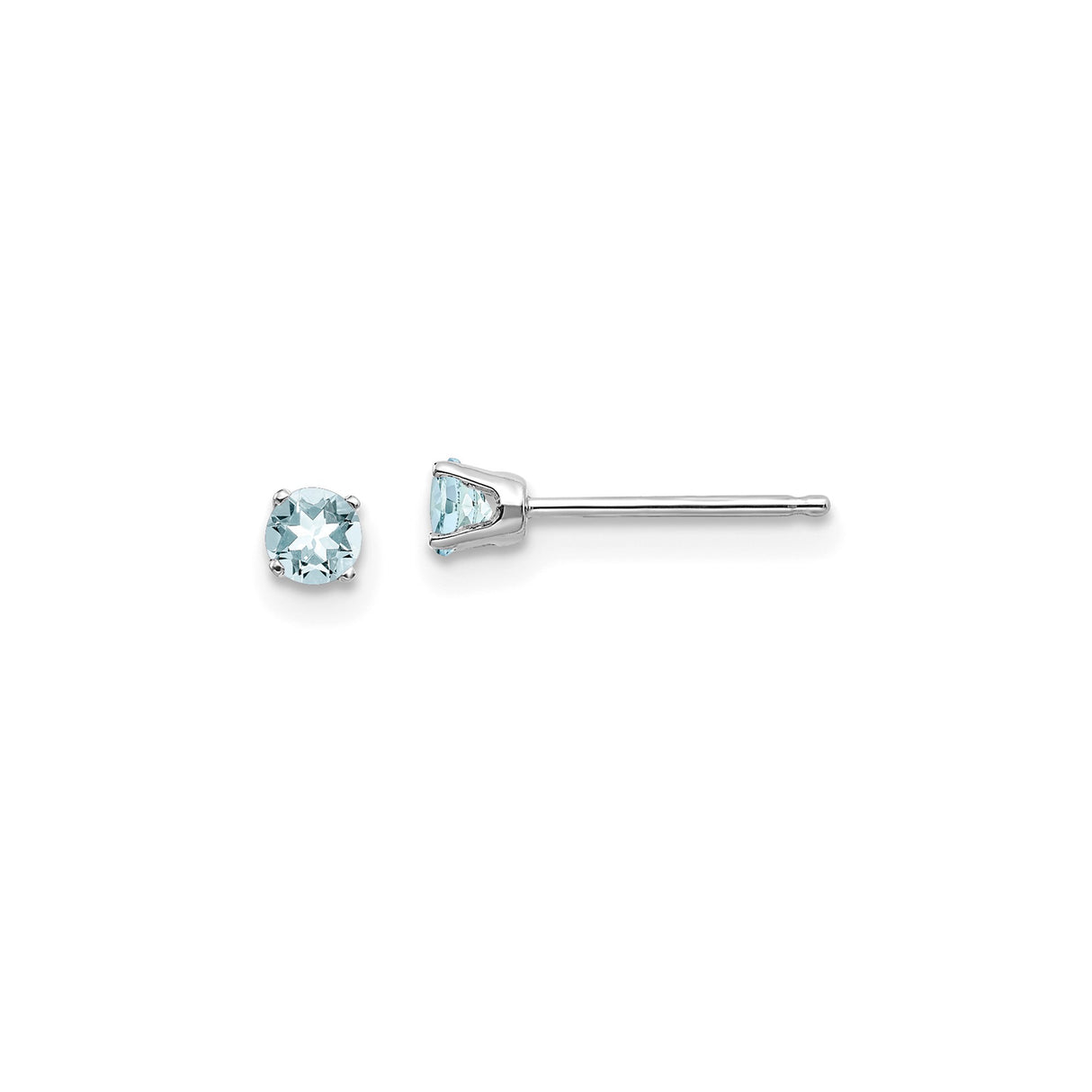 14k White Gold Stud Earrings with Round Aquamarine, Four Prong Setting
