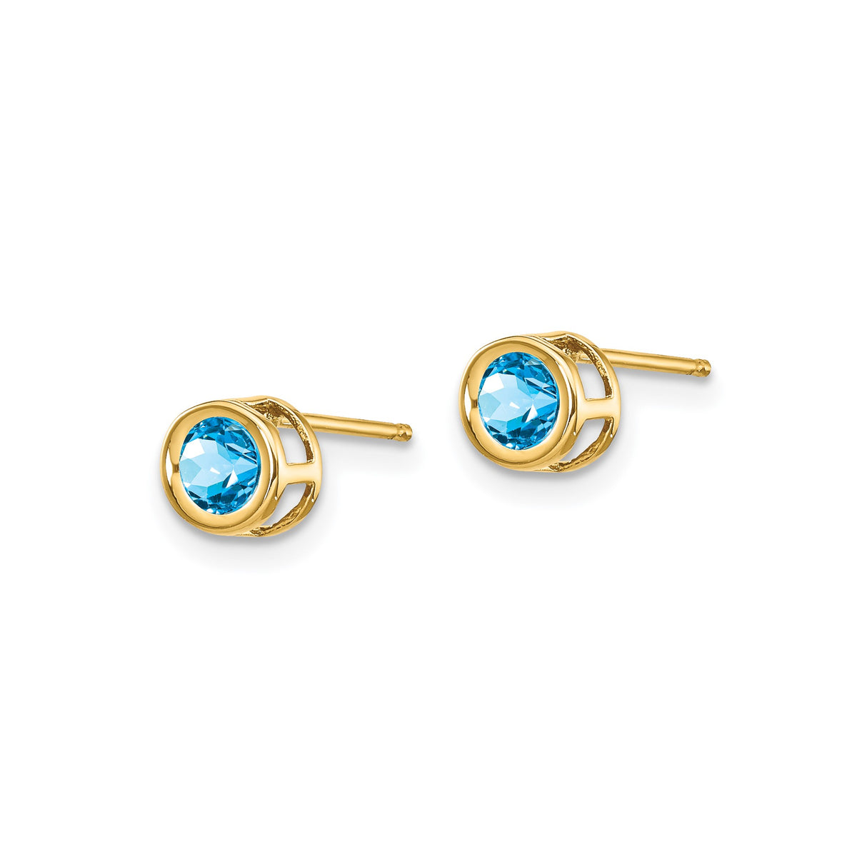 14k Yellow Gold Stud Earrings with Swiss Blue Topaz in Bezel Setting, Minimalist Style for Women