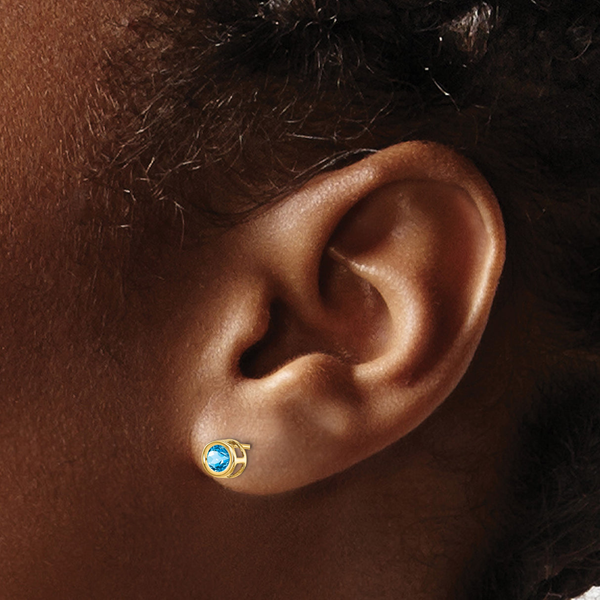 14k Yellow Gold Stud Earrings with Swiss Blue Topaz in Bezel Setting, Minimalist Style for Women