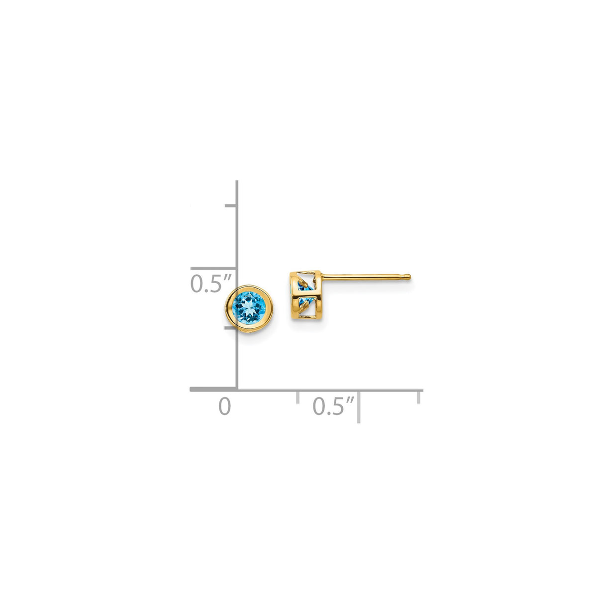 14k Yellow Gold Stud Earrings with Swiss Blue Topaz in Bezel Setting, Minimalist Style for Women