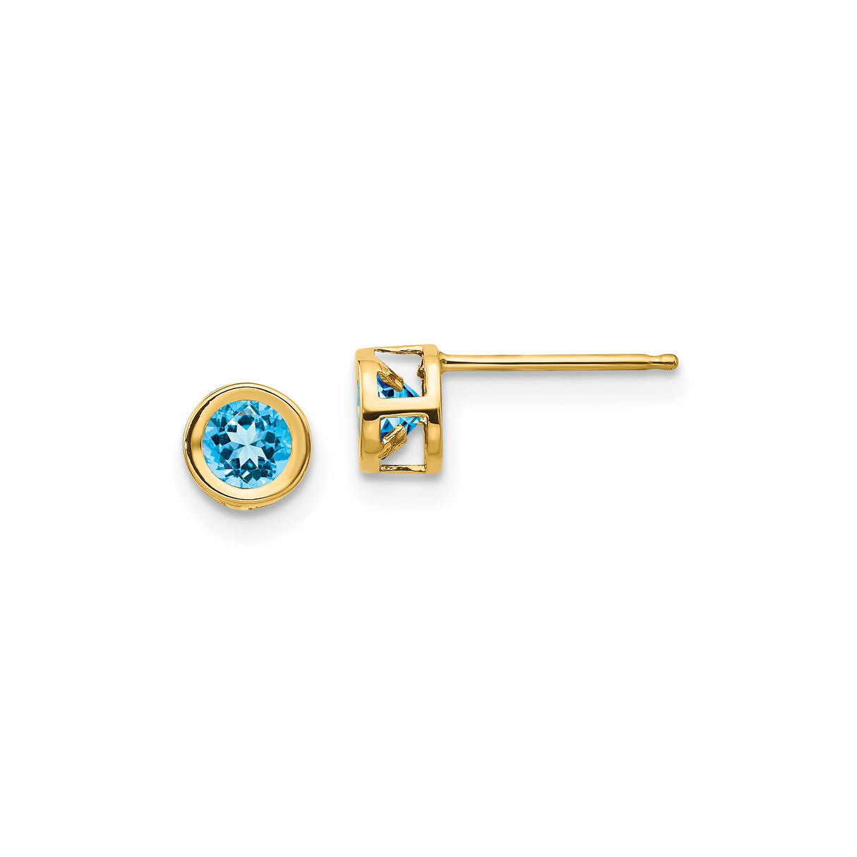 14k Yellow Gold Stud Earrings with Swiss Blue Topaz in Bezel Setting, Minimalist Style for Women