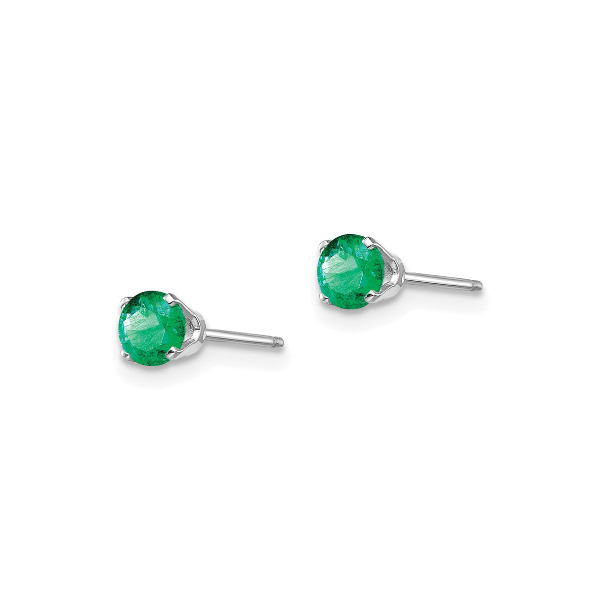 14k White Gold Emerald Stud Earrings, Round Cut Gemstone in Four Prong Setting