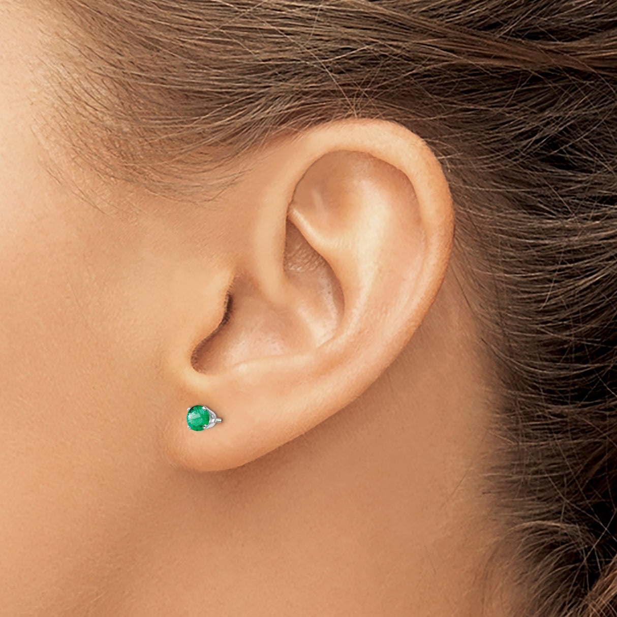 14k White Gold Emerald Stud Earrings, Round Cut Gemstone in Four Prong Setting