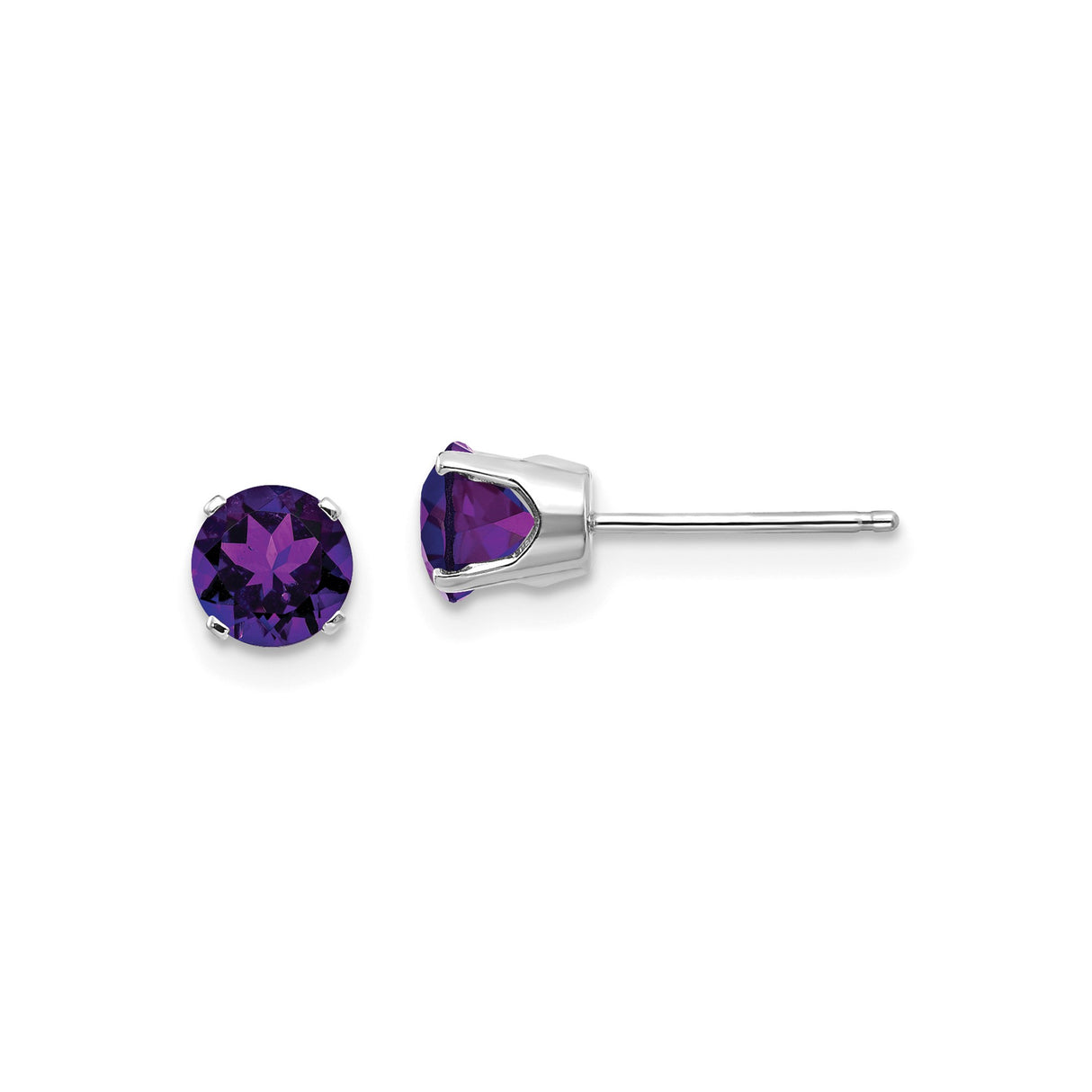 14k White Gold Amethyst Stud Earrings, Round Cut, Classic Four Prong Setting, February Birthstone