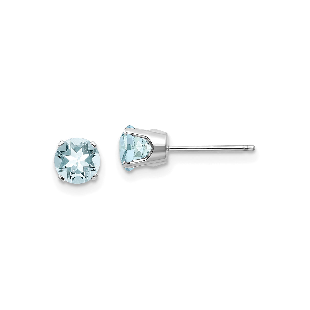 14k White Gold Stud Earrings with Round Aquamarine, Minimalist Four Prong Design for Women