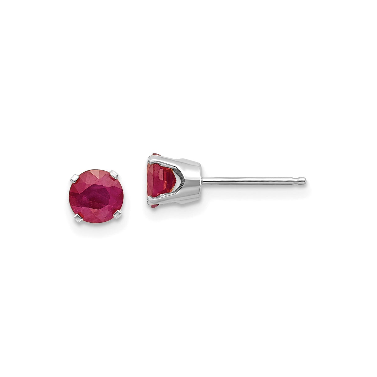 14k White Gold Ruby Stud Earrings, Round Solitaire Four Prong Setting