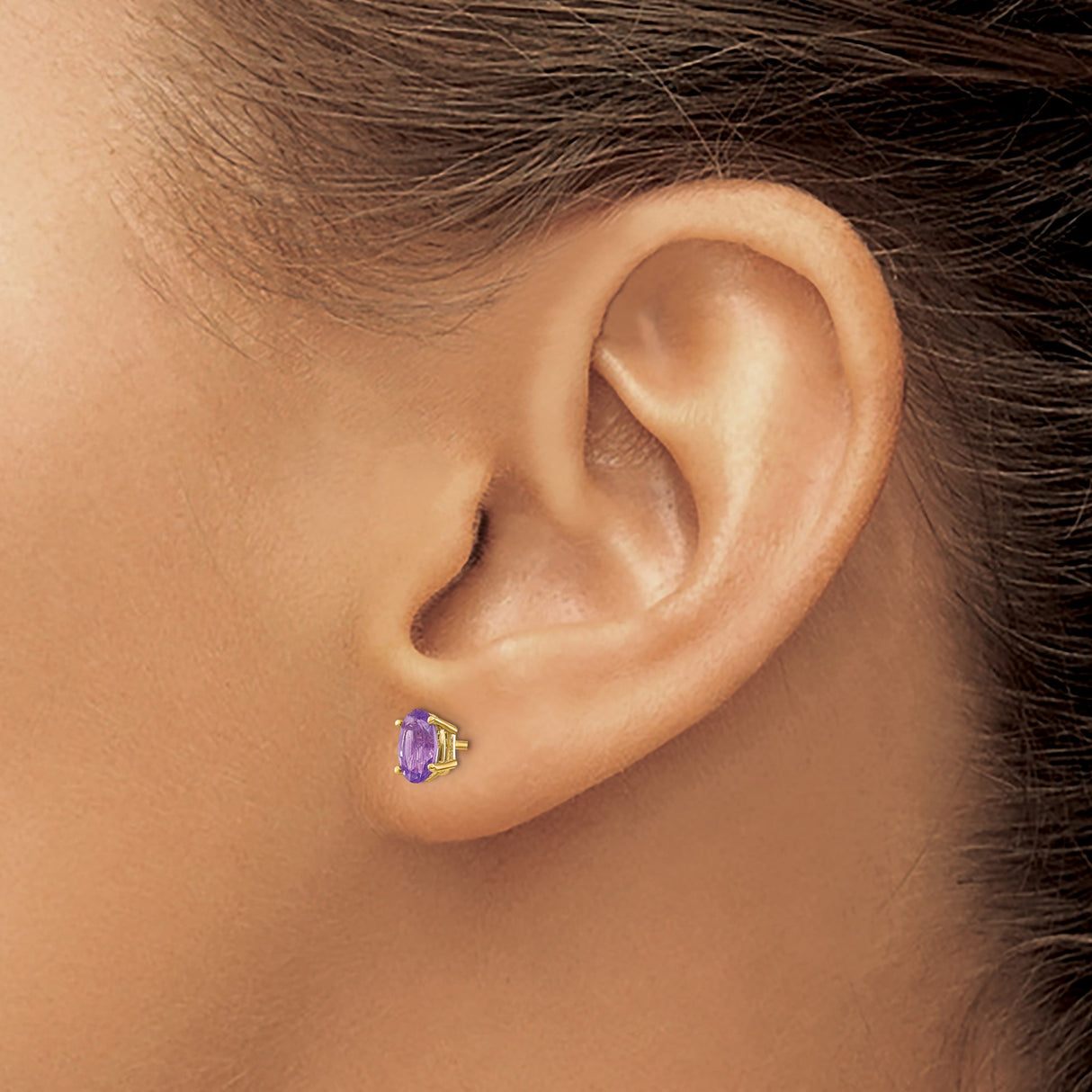 14k Yellow Gold Stud Earrings with Oval Cut Amethyst in Four-Prong Setting