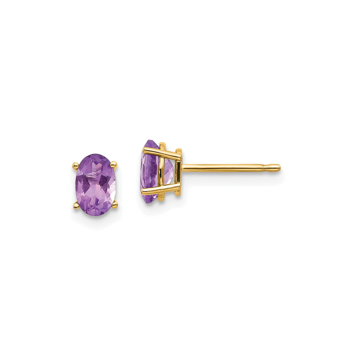 14k Yellow Gold Stud Earrings with Oval Cut Amethyst in Four-Prong Setting