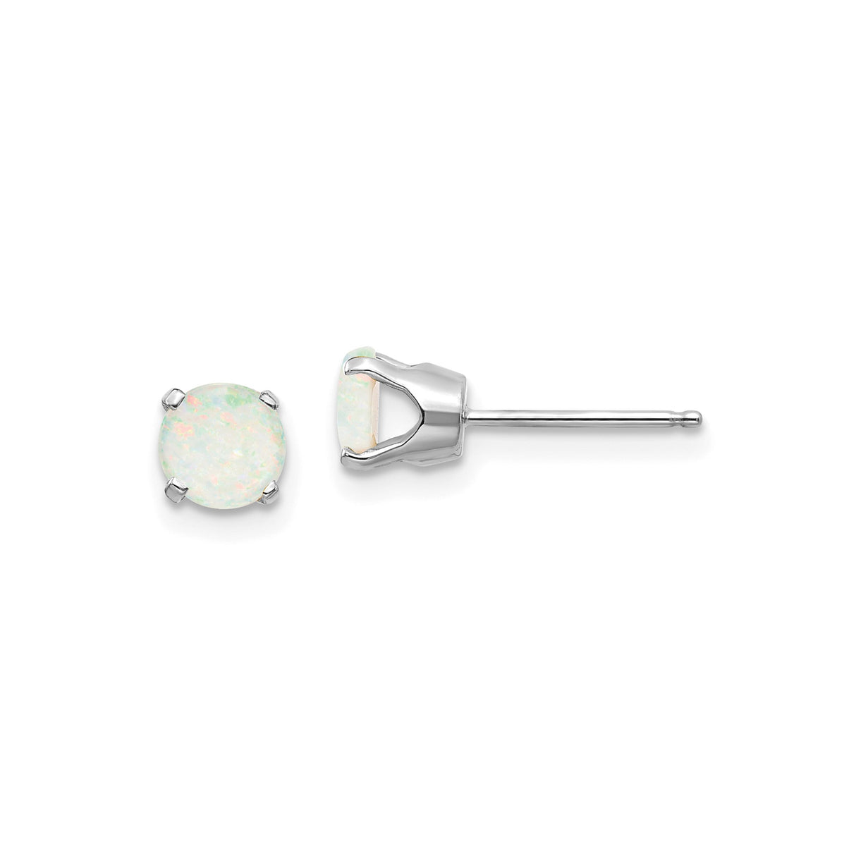 14k White Gold Opal Stud Earrings with Round Cut Natural Opals, Classic Four Prong Setting