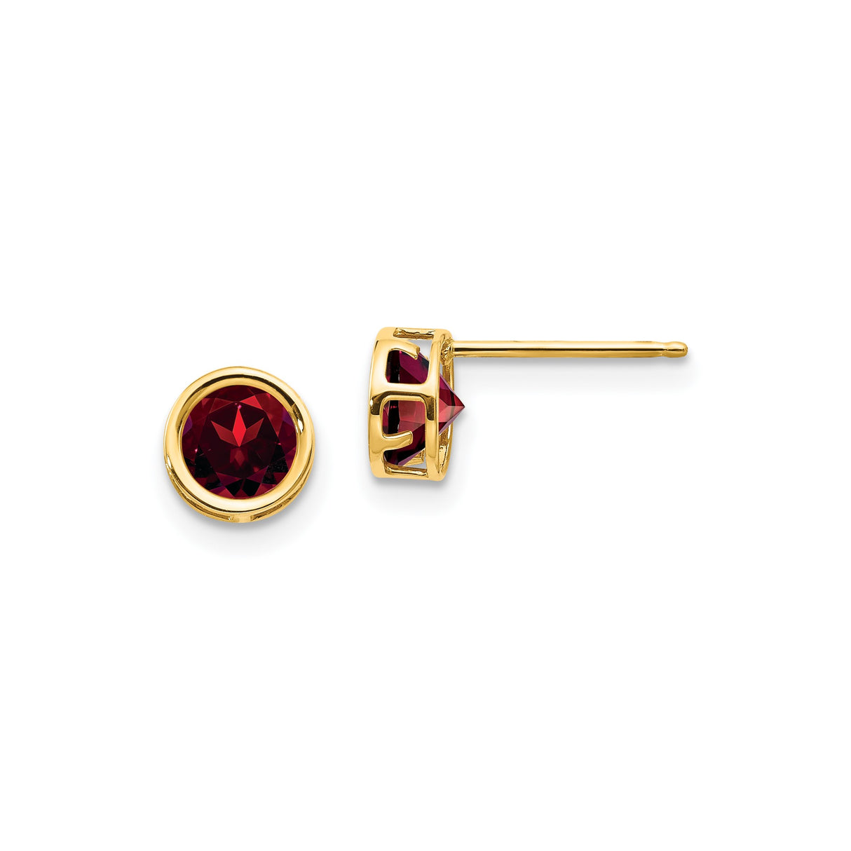 14k Yellow Gold Stud Earrings with Garnet in Bezel Setting, Minimalist Design for Women