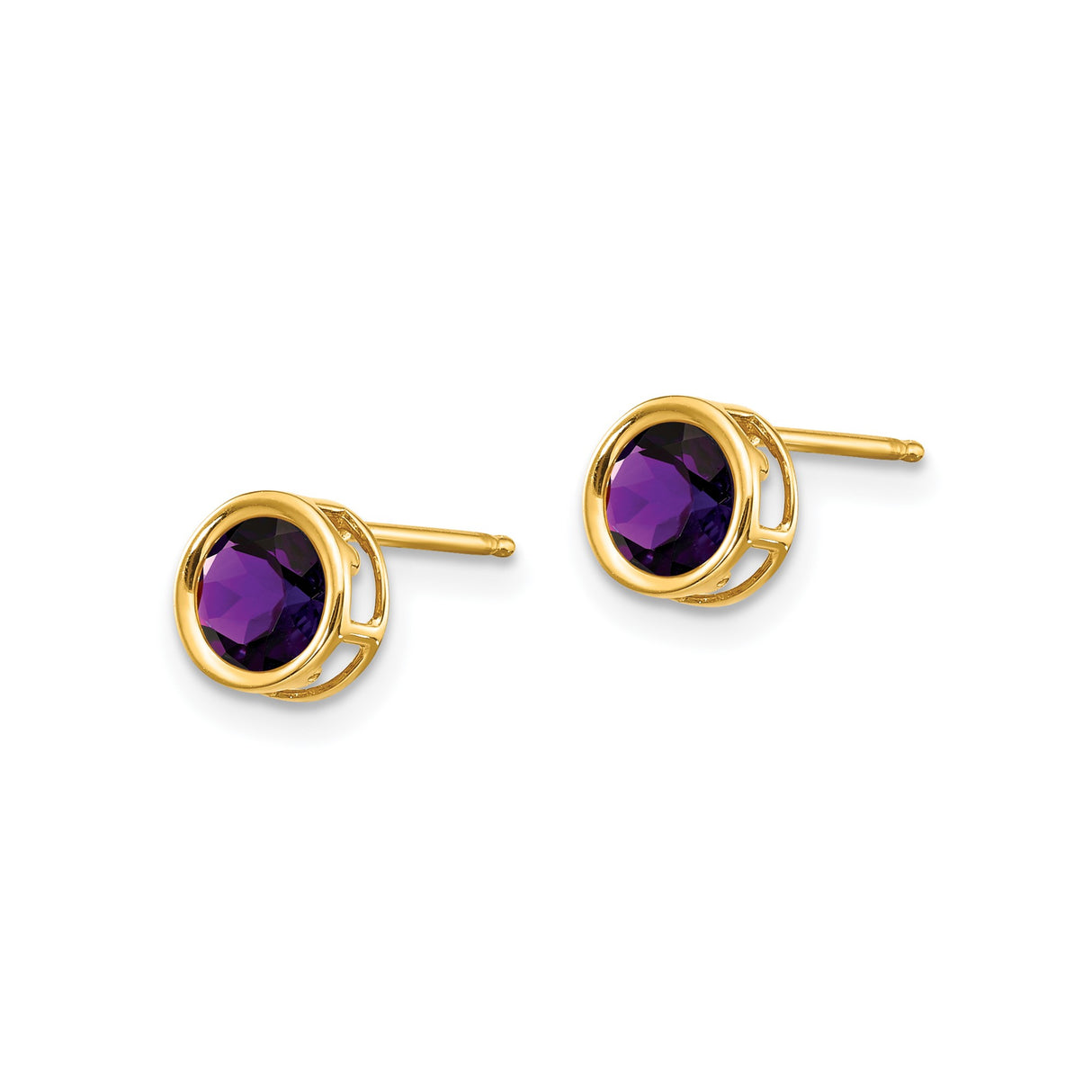 14k Yellow Gold Stud Earrings with Round Amethyst in Bezel Setting, Modern Open Gallery Design