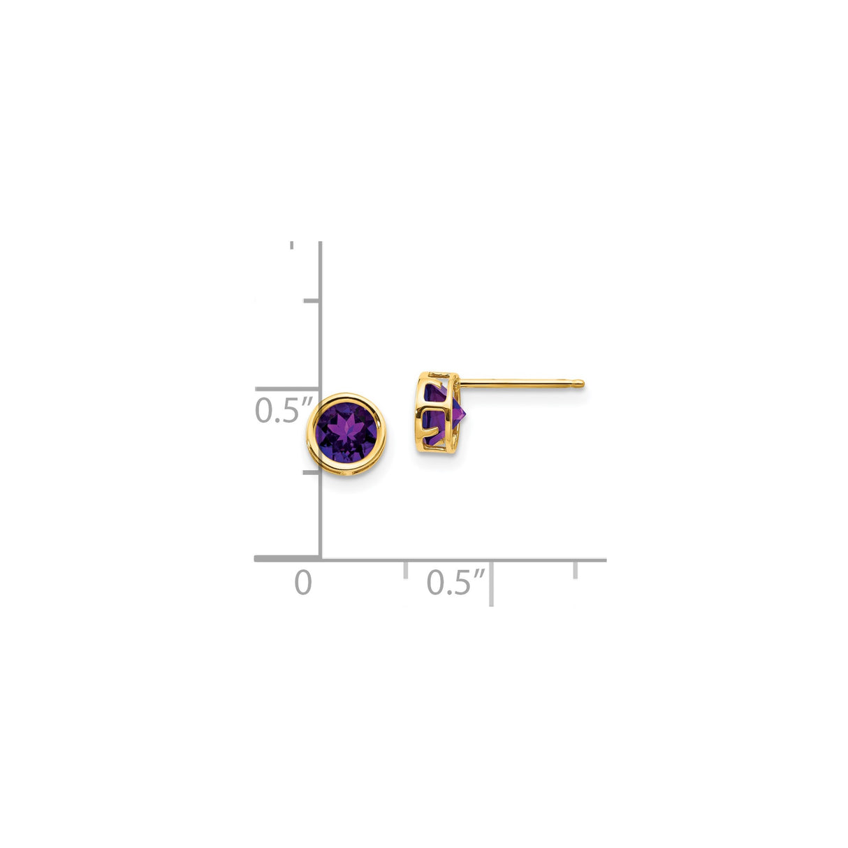 14k Yellow Gold Stud Earrings with Round Amethyst in Bezel Setting, Modern Open Gallery Design