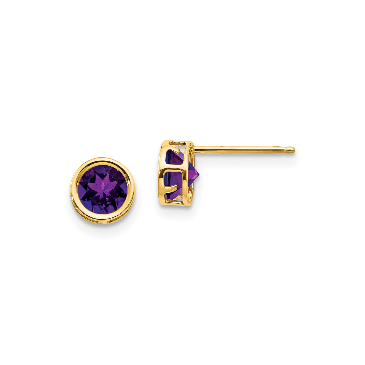 14k Yellow Gold Stud Earrings with Round Amethyst in Bezel Setting, Modern Open Gallery Design