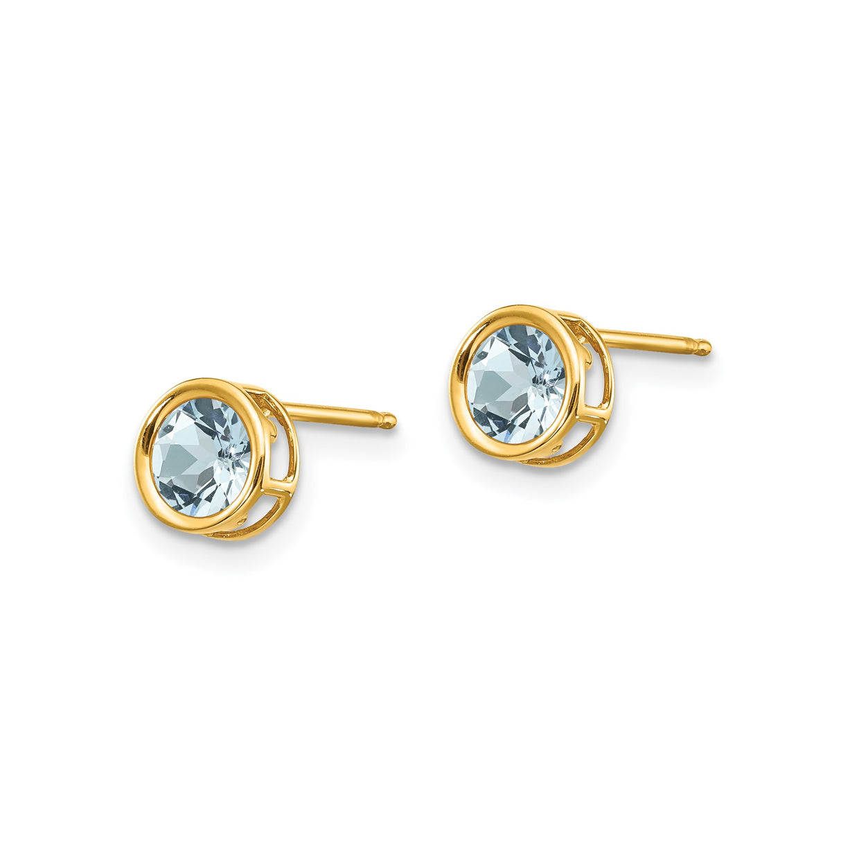 14k Yellow Gold Stud Earrings with Aquamarine, Round Bezel Set, Modern Open Design for Women