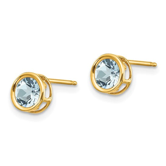 14k Yellow Gold Stud Earrings with Aquamarine, Round Bezel Set, Modern Open Design for Women