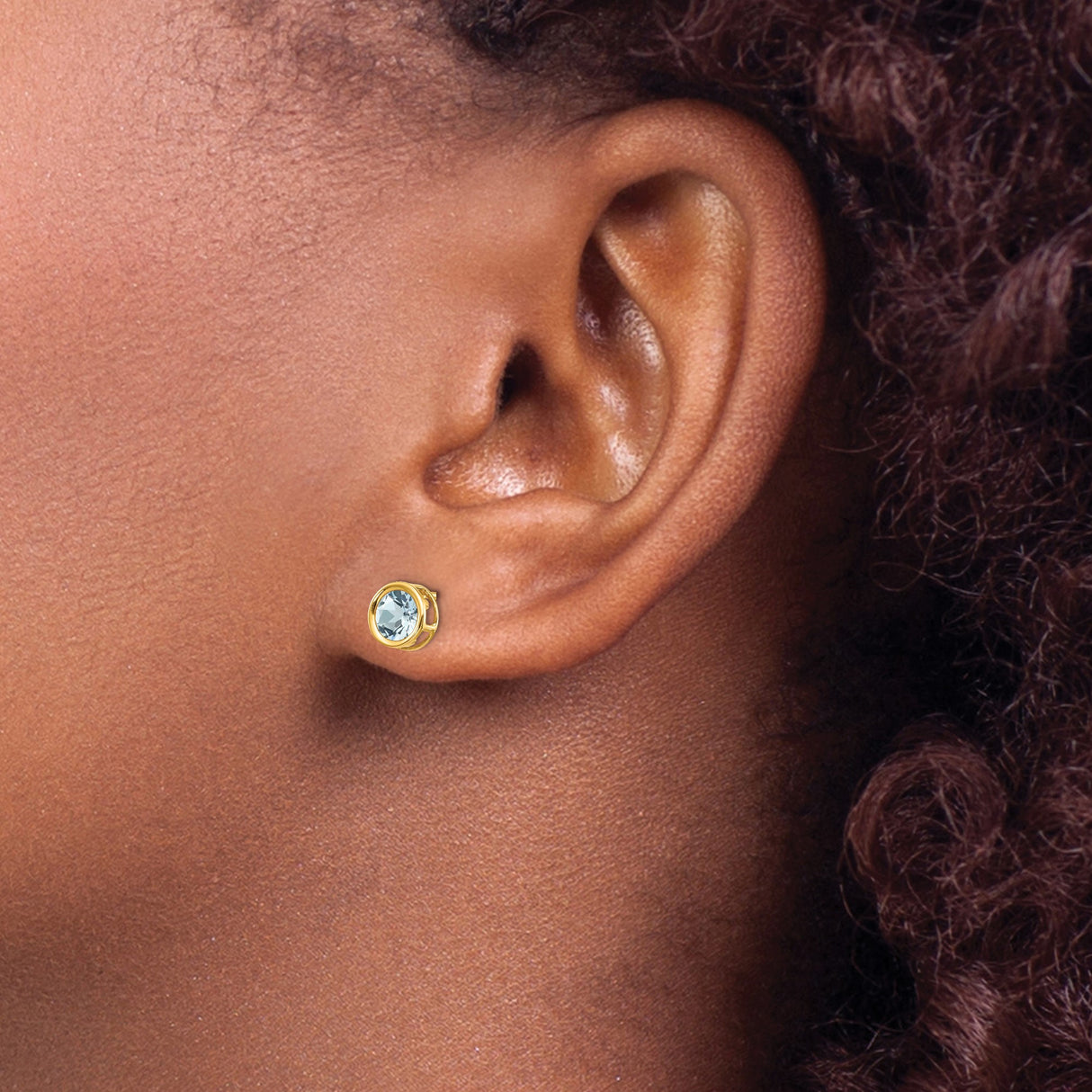 14k Yellow Gold Stud Earrings with Aquamarine, Round Bezel Set, Modern Open Design for Women