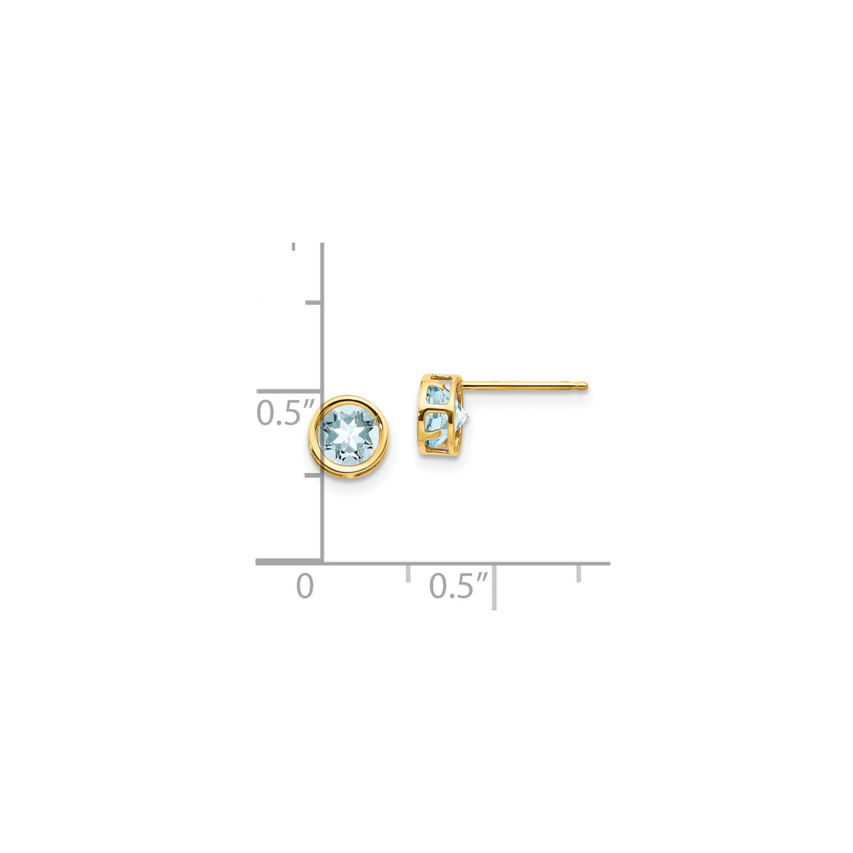14k Yellow Gold Stud Earrings with Aquamarine, Round Bezel Set, Modern Open Design for Women