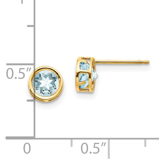 14k Yellow Gold Stud Earrings with Aquamarine, Round Bezel Set, Modern Open Design for Women