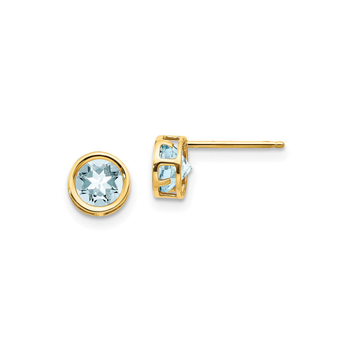 14k Yellow Gold Stud Earrings with Aquamarine, Round Bezel Set, Modern Open Design for Women