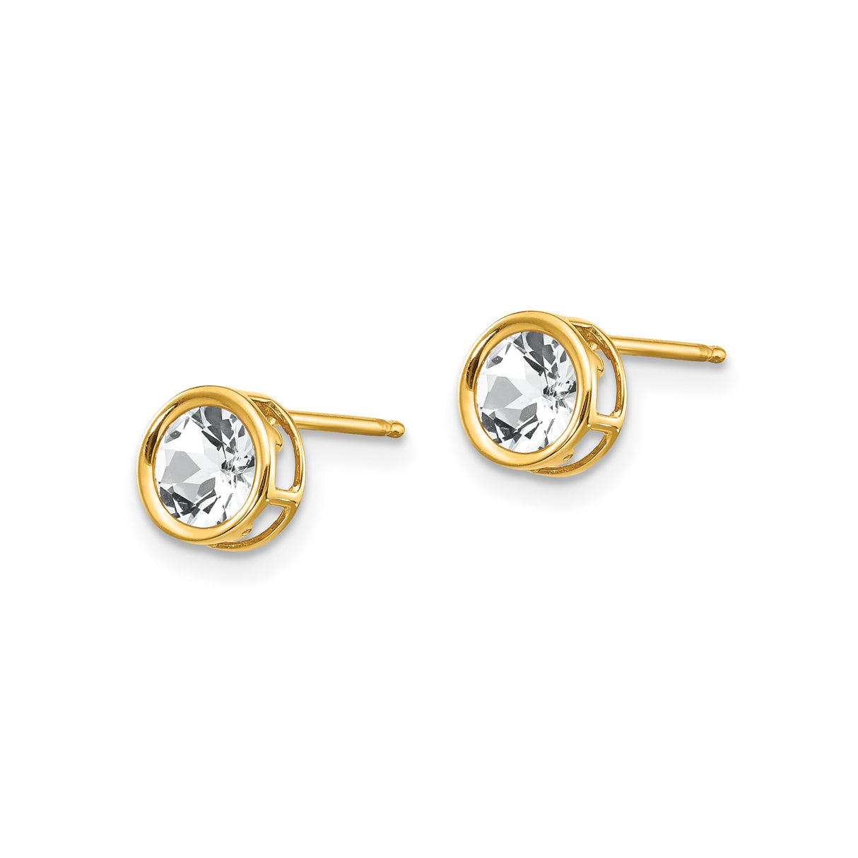 14k Yellow Gold Round Stud Earrings with Bezel-Set White Topaz, Minimalist Everyday Jewelry