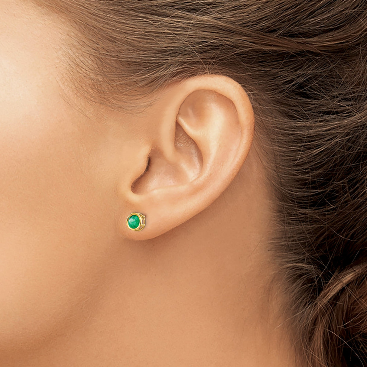 14k Yellow Gold Stud Earrings with Emerald in Bezel Setting, Minimalist Design for Women