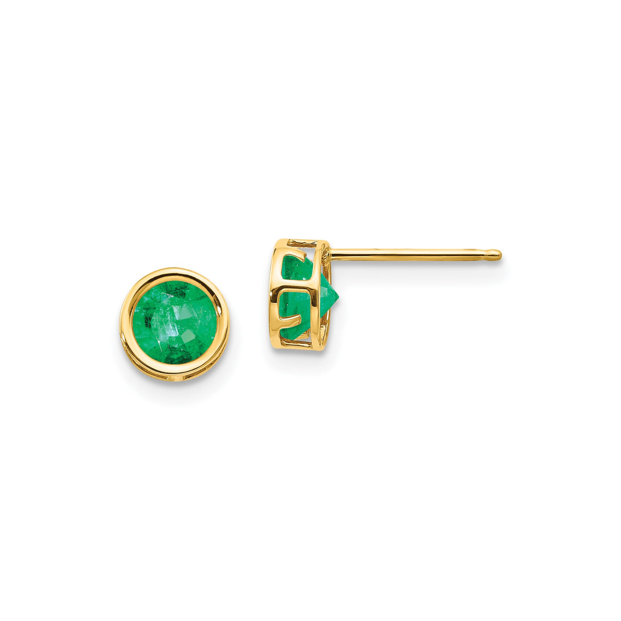 14k Yellow Gold Stud Earrings with Emerald in Bezel Setting, Minimalist Design for Women