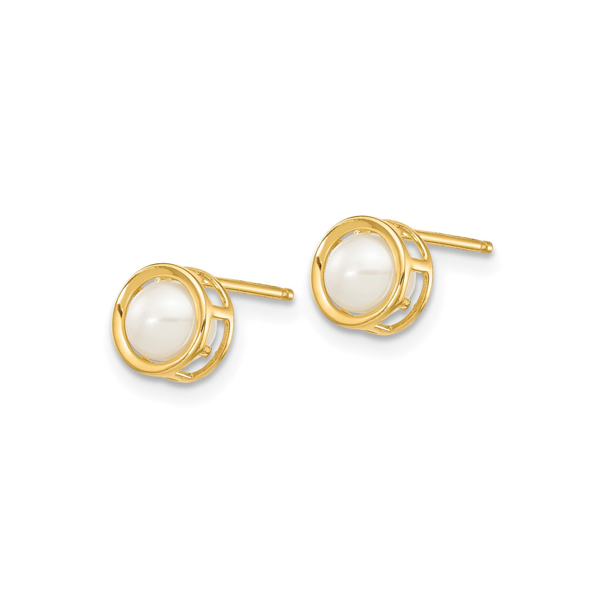 14k Yellow Gold Stud Earrings with Round White Cultured Pearl, Bezel Setting, Greek Key Design