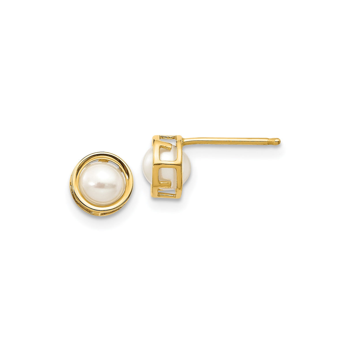 14k Yellow Gold Stud Earrings with Round White Cultured Pearl, Bezel Setting, Greek Key Design
