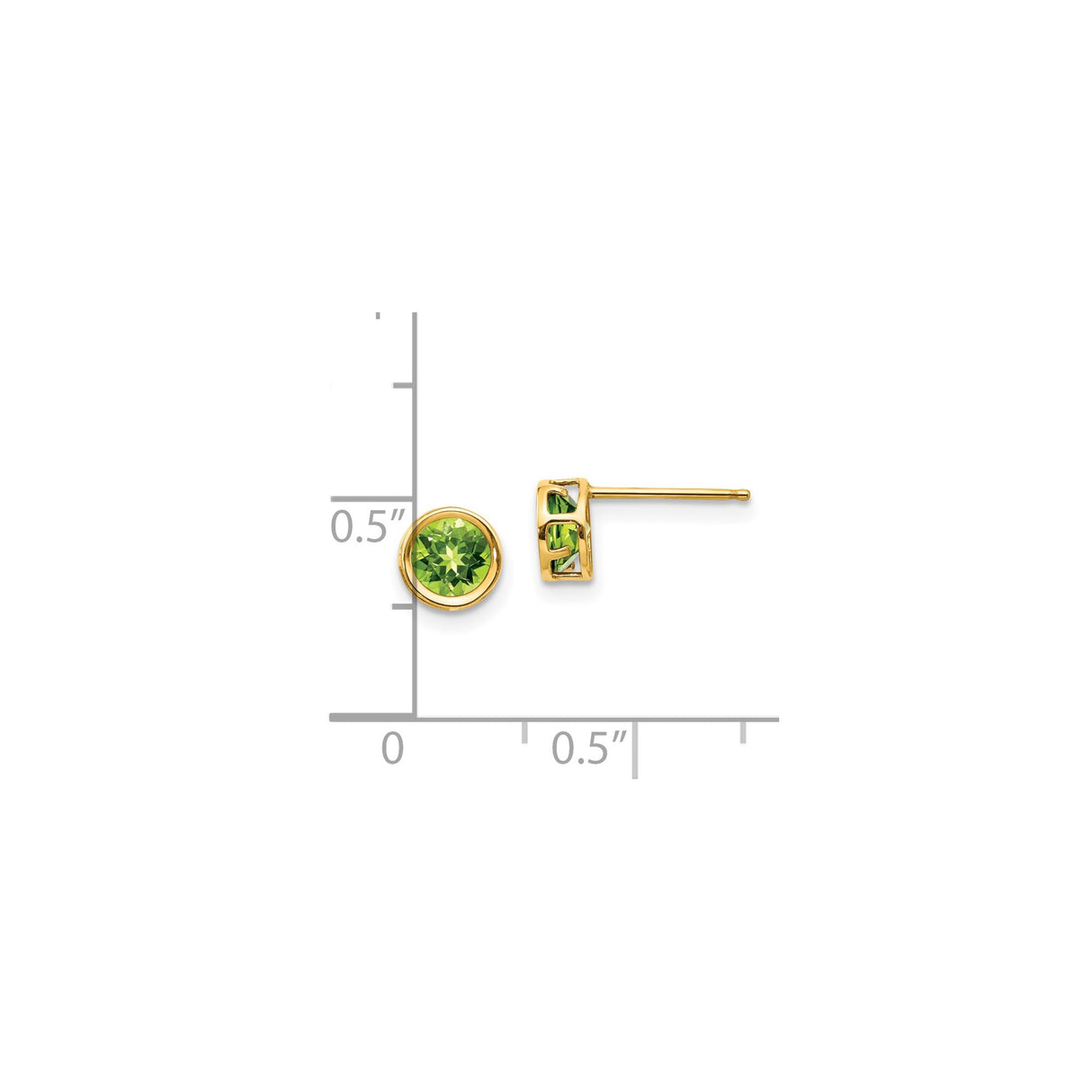 14k Yellow Gold Peridot Stud Earrings, Bezel Set Round August Birthstone Jewelry for Women