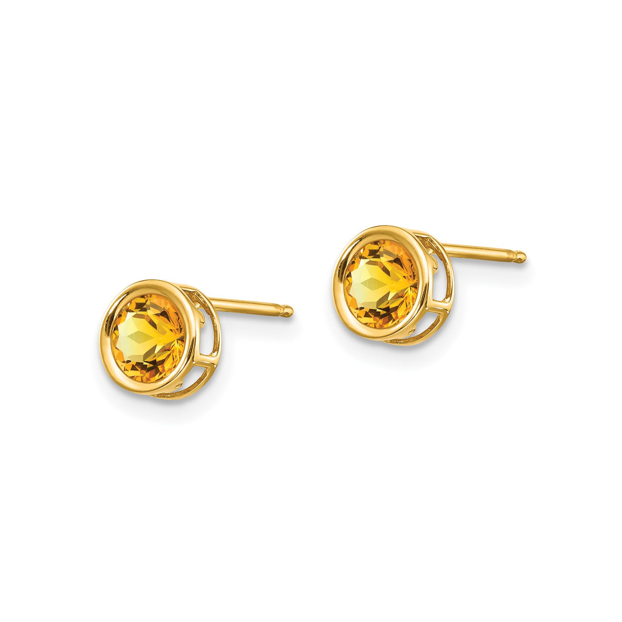 14k Yellow Gold Stud Earrings with Round Citrine, Bezel Set Minimalist November Birthstone Jewelry