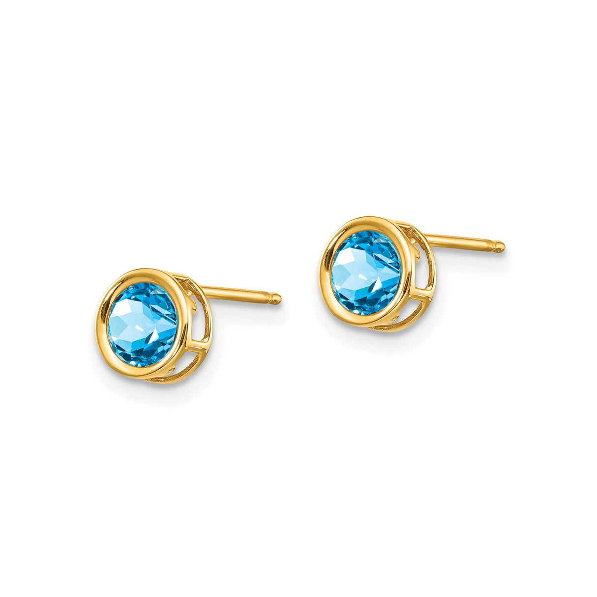 14k Yellow Gold Stud Earrings with Swiss Blue Topaz in Bezel Setting, Minimalist Jewelry for Women
