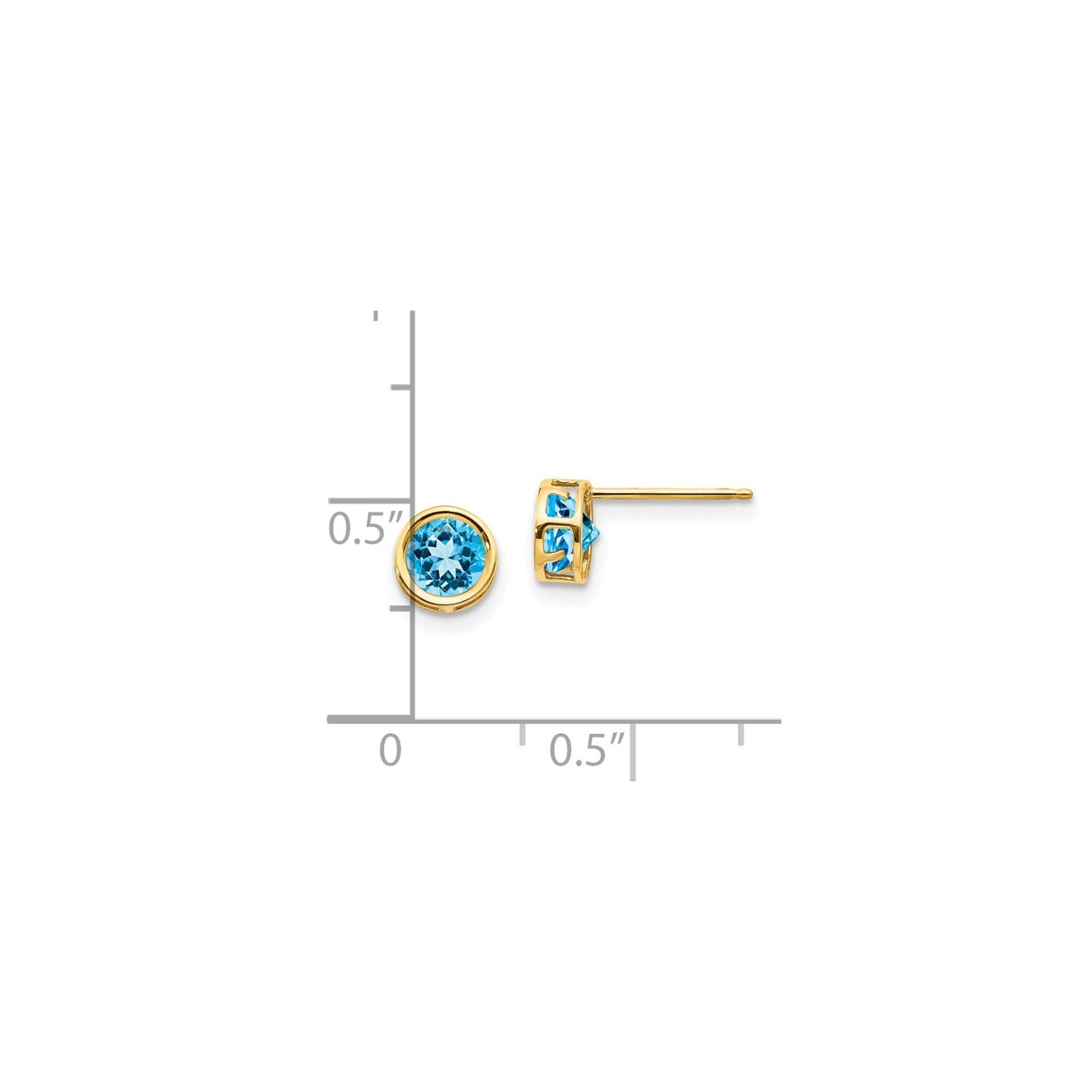 14k Yellow Gold Stud Earrings with Swiss Blue Topaz in Bezel Setting, Minimalist Jewelry for Women